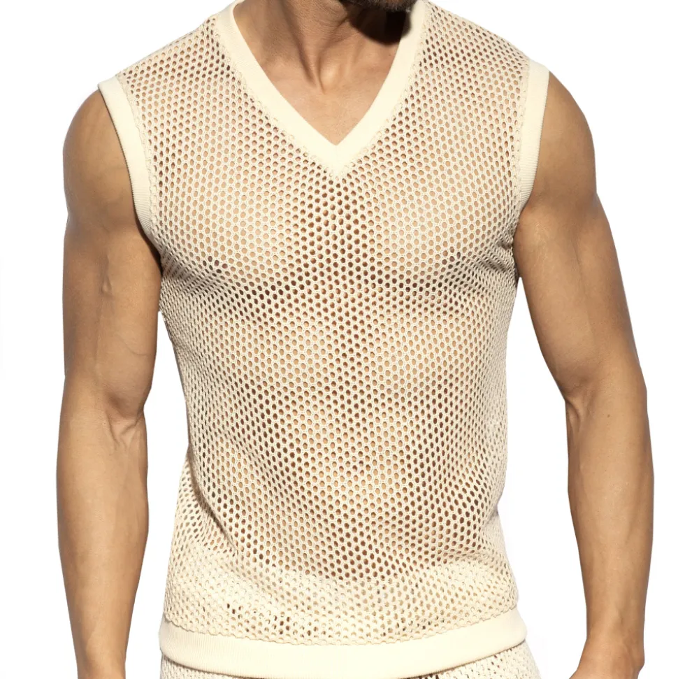 Débardeur Col V Crochet Beige