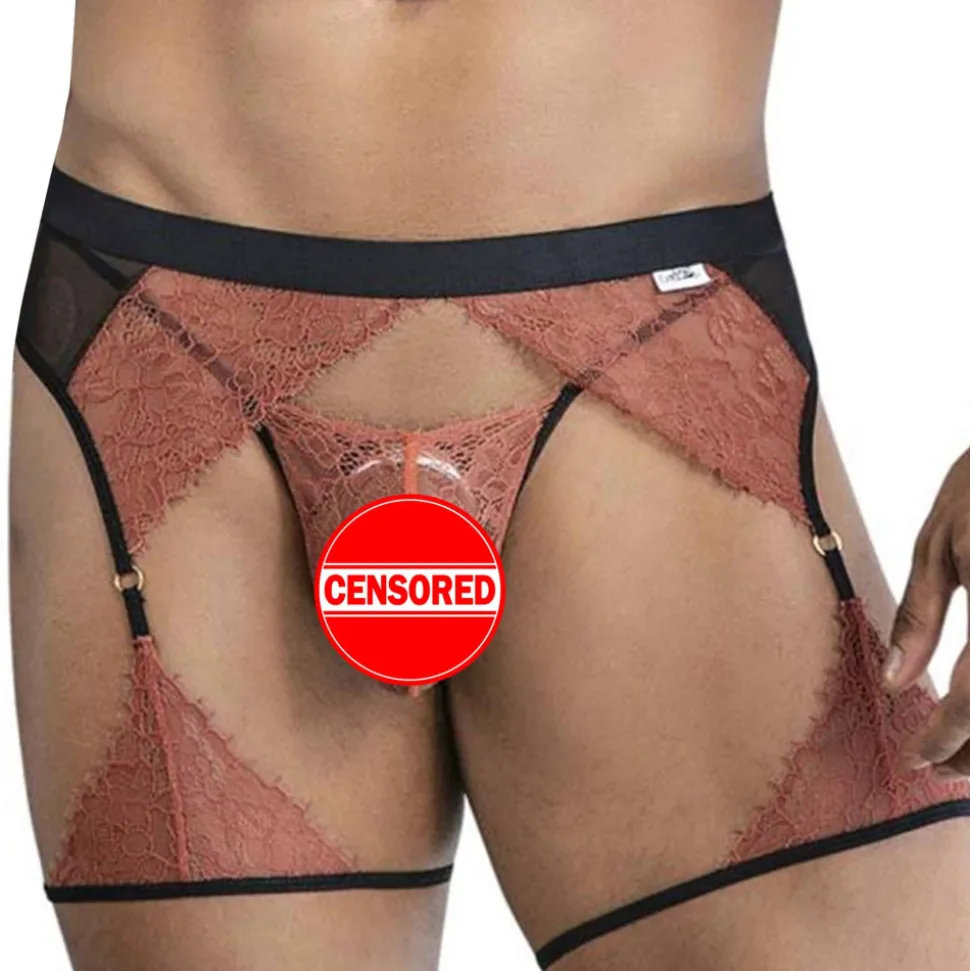 Ensemble Jarretière - String Ficelle Dentelle Terracotta