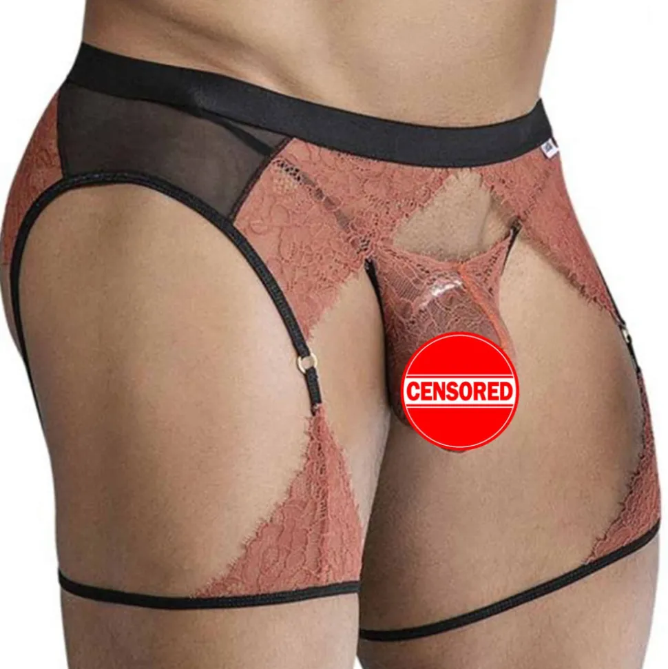 Ensemble Jarretière - String Ficelle Dentelle Terracotta