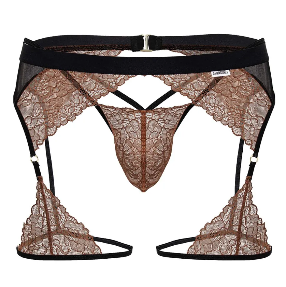 Ensemble Jarretière - String Ficelle Dentelle Terracotta