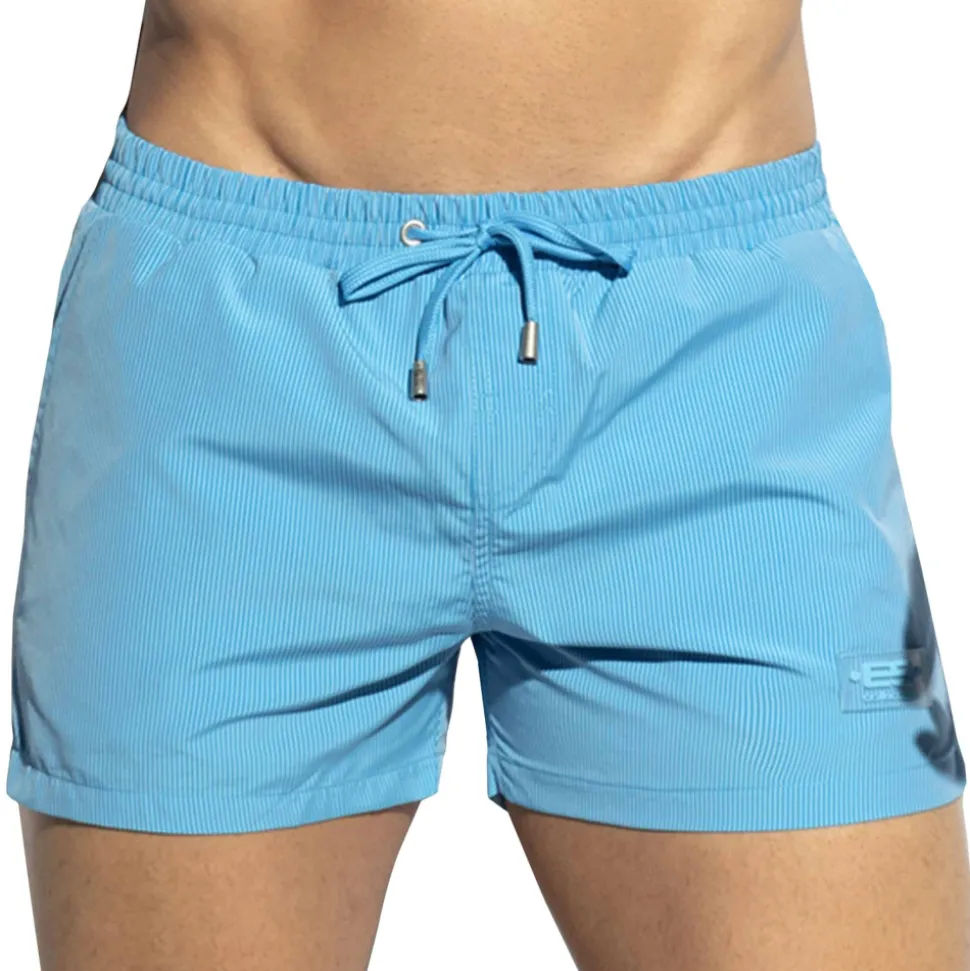 Short de Bain à Rayures Fines Bleu Turquoise
