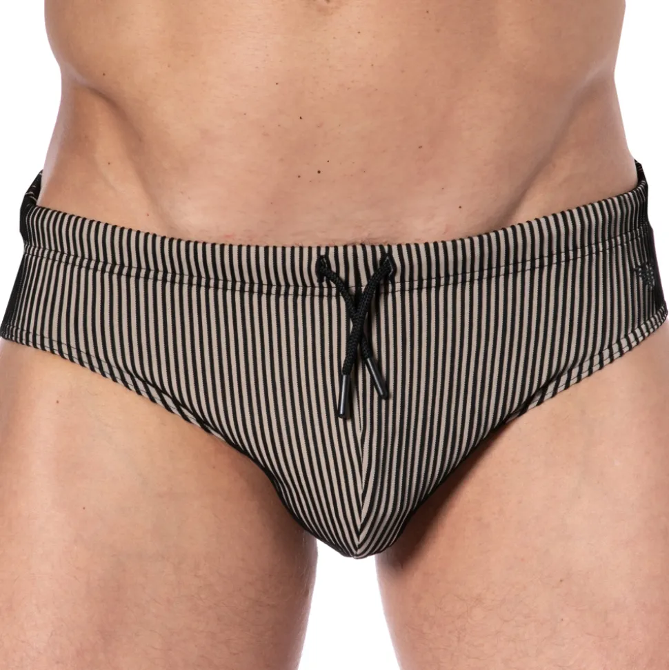 Slip de Bain Rayé Noir - Beige