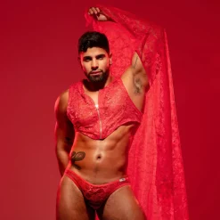 Slip Mini en Dentelle Fluide Rouge