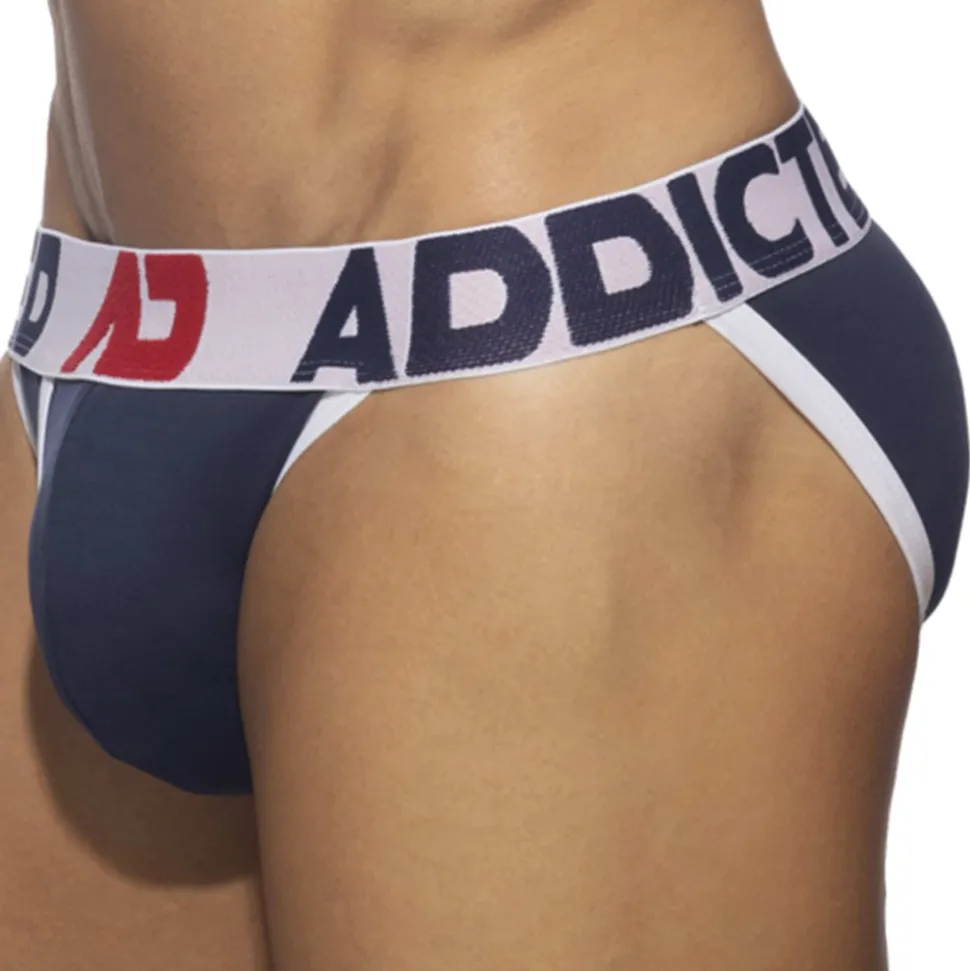 Slip Tanga Open Fly Coton Bleu Marine - Blanc