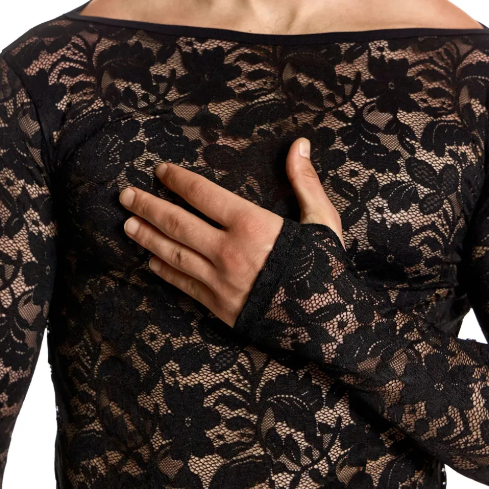 T-Shirt Manches Longues Dentelle Florale Noir